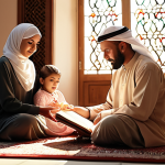 A serene depiction of a Muslim family gathered around a table, with the father reading from the Quran to his children and wife. The room is bathed in warm light, highlighting the unity and love within the family as they learn about their faith. The image should evoke a sense of peace and devotion to Allah.