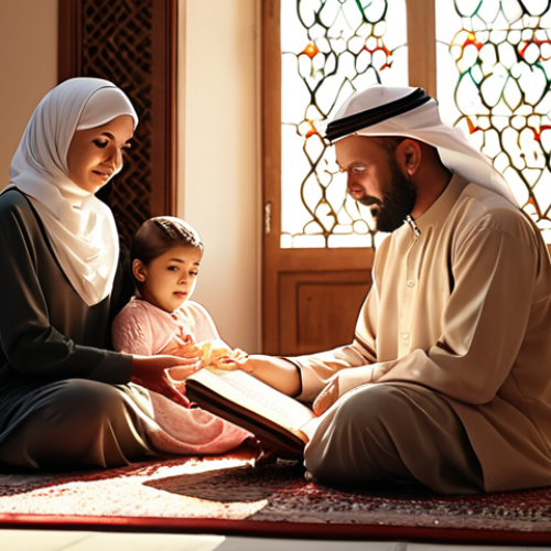 A serene depiction of a Muslim family gathered around a table, with the father reading from the Quran to his children and wife. The room is bathed in warm light, highlighting the unity and love within the family as they learn about their faith. The image should evoke a sense of peace and devotion to Allah.
