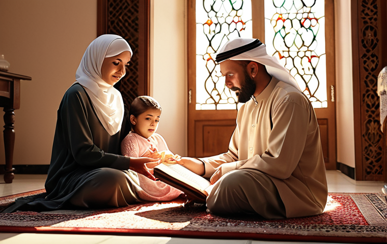 A serene depiction of a Muslim family gathered around a table, with the father reading from the Quran to his children and wife. The room is bathed in warm light, highlighting the unity and love within the family as they learn about their faith. The image should evoke a sense of peace and devotion to Allah.
