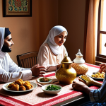 **

"A devout Muslim family gathered in their cozy home, observing Ramadan traditions. Warm, inviting atmosphere, emphasis on family unity, traditional clothing, halal food on the table. Soft, natural lighting, creating a sense of peace and serenity."

**
