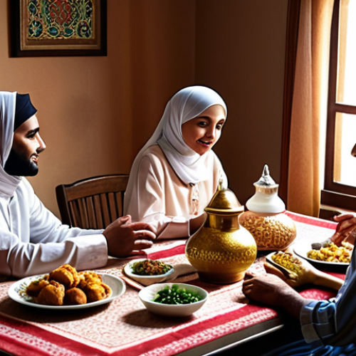 **

"A devout Muslim family gathered in their cozy home, observing Ramadan traditions. Warm, inviting atmosphere, emphasis on family unity, traditional clothing, halal food on the table. Soft, natural lighting, creating a sense of peace and serenity."

**