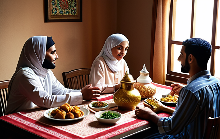 **

"A devout Muslim family gathered in their cozy home, observing Ramadan traditions. Warm, inviting atmosphere, emphasis on family unity, traditional clothing, halal food on the table. Soft, natural lighting, creating a sense of peace and serenity."

**