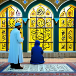 코란 암송 대회 - **Prompt:** A meticulously calligraphed Quranic verse displayed prominently in a grand mosque in Kaz...