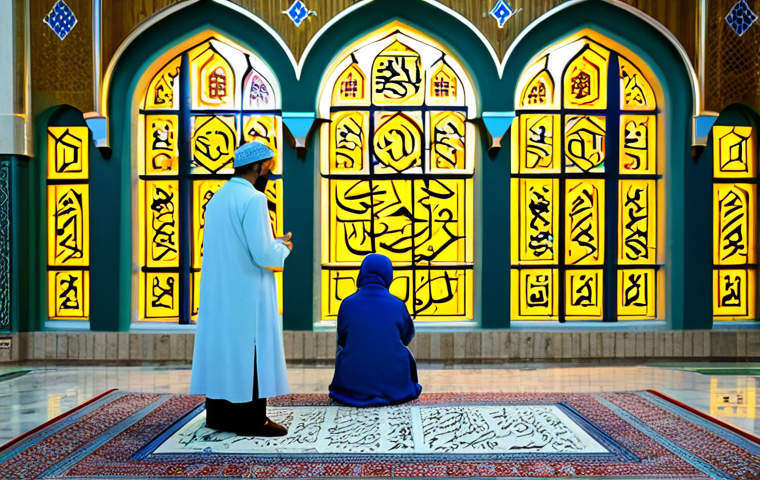 코란 암송 대회 - **Prompt:** A meticulously calligraphed Quranic verse displayed prominently in a grand mosque in Kaz...