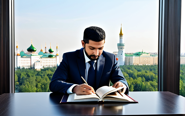 코란 암송 대회 - **Prompt:** A young, smartly dressed Muslim woman wearing a hijab, studying the Quran on a modern ta...
